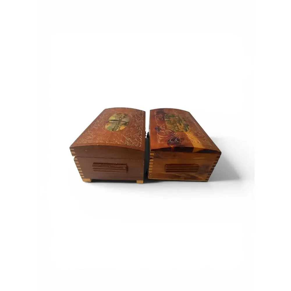 Vintage Hand Carved Cedar Trinket Jewelry Box Lot of 2 Glass Lid Wood Keepsake C